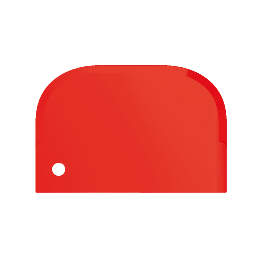 Een felrood artikel met afgeronde randen en een glanzend oppervlak, dat doet denken aan de Haug Schaber klein 15 x 10 cm van Haug Bürsten KG. Hij heeft een klein rond gaatje in de linkerbenedenhoek en wordt getoond tegen een eenvoudige witte achtergrond.