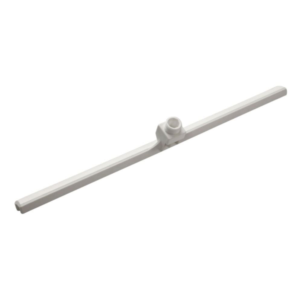 Een T-vormig wit kunststof onderdeel van Haug Bürsten KG, dat lijkt op het Haug waterschuiver lichaam glasvezel wit en beschikt over een verticale middenstuk met ronde fitting en horizontale armen, waarschijnlijk voor montage- of hygiënedoeleinden. Afmetingen: 615 x 32 x 70 mm.