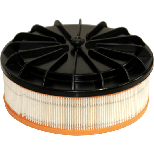 Het Arcora M5Plus-vervangings-HEPA-filter van Arcora International GmbH is een rond filter met een oranje bodem, wit geplooid HEPA-materiaal en een zwarte bovenkant met radiale steunribben.