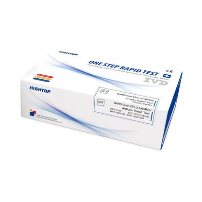 Een doos HighTop Influenza A/B, RSV, Covid-19 Profi Sneltest-Sneltesten voor SARS-CoV-2-antigentesten. De verpakking is wit met blauwe en rode accenten en toont logo's, tekst en een CE-markering.