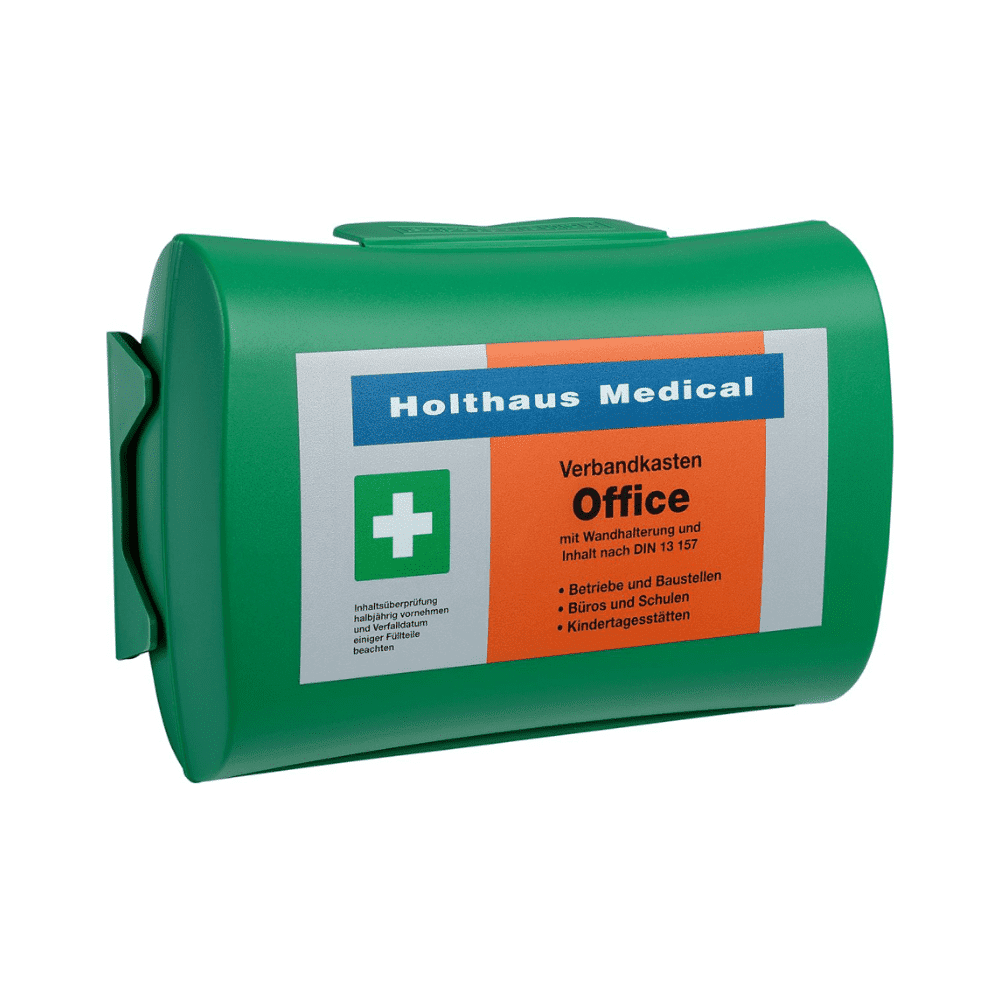 De Holthaus Medical bedrijfsverbanddoos Office DIN 13157 van Holthaus Medical GmbH & Co. KG komt in een groene koffer met het opschrift "Office". Met wandmontagemogelijkheden en inhoud volgens DIN 13157 is hij perfect geschikt voor bedrijven, bouwplaatsen, kantoren, scholen en kleuterscholen.