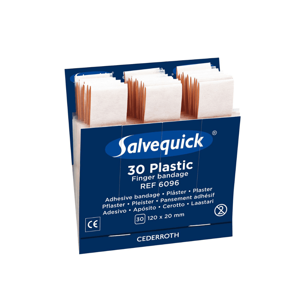 Een blauwe Holthaus Medical Salvequick® navulbox met de tekst "Fingerverband Plastic, 30 stuks" bevat 30 individueel verpakte verbanden (120 x 20 mm), Ref.-Nr. 6096, van Holthaus Medical GmbH & Co. KG.