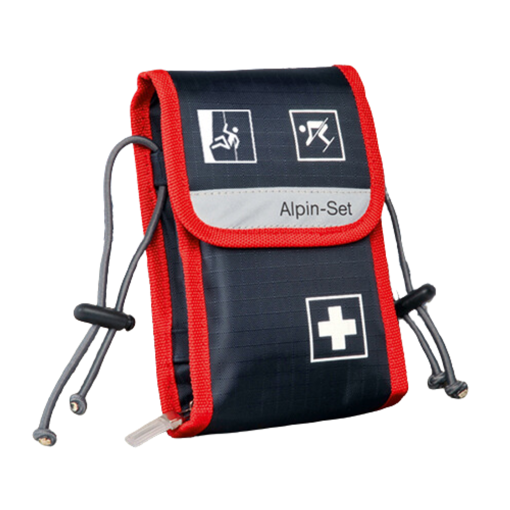 Een compact EHBO-set in marineblauw en rood met witte symbolen die verschillende noodsituaties weergeven. De Holthaus Medical GmbH & Co. KG Alpin-Set Verbandtasche - 21-delig draagt het opschrift 'EHBO-set' en is aan beide zijden voorzien van verstelbare trekkoorden.