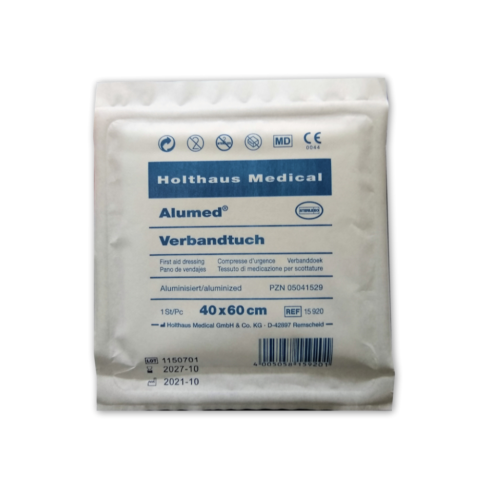 Het Holthaus Alumed® verbanddoek van Holthaus Medical GmbH & Co. KG is een steriel verpakt verband met de opdruk 'Aluminium bekleed', dat 40x60 cm meet en één stuk bevat. De vervaldatum is oktober 2027.