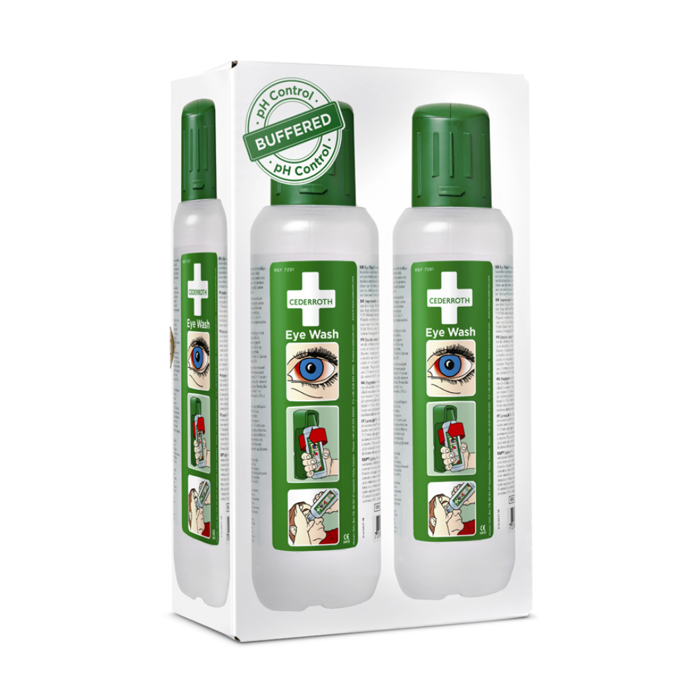 Afbeelding van een witte doos met twee flessen met groene dop en het opschrift 'Holthaus Oogspoelfles, stationair 2 x 500 ml'. De doos bevat een handleiding met afbeeldingen voor het gebruik van de oogspoeling, waaronder afbeeldingen van een oog en een persoon die de oplossing aanbrengt. De tekst benadrukt functies zoals 'pH-controle' en 'Gebufferd' voor effectieve eerste hulp. Product van Holthaus Medical GmbH & Co. KG.