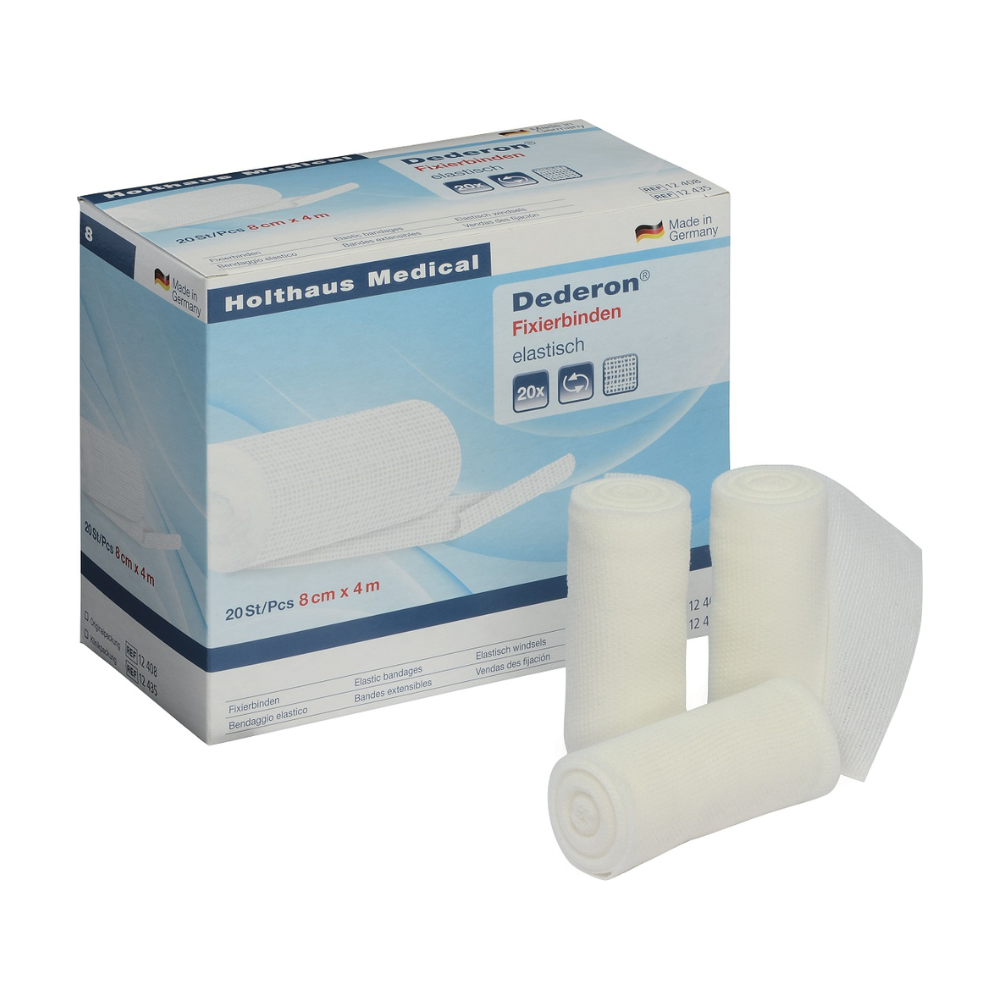 De afbeelding toont een doos Holthaus Dederon® Fixeerzwachtel van Holthaus Medical GmbH & Co. KG. De doos bevat een afbeelding van de zwachtels en details over dit medische product, waaronder dat het 20 stuks bevat met de afmetingen 8 cm x 4 m. Voor de doos zijn drie opgerolde zwachtels afgebeeld.