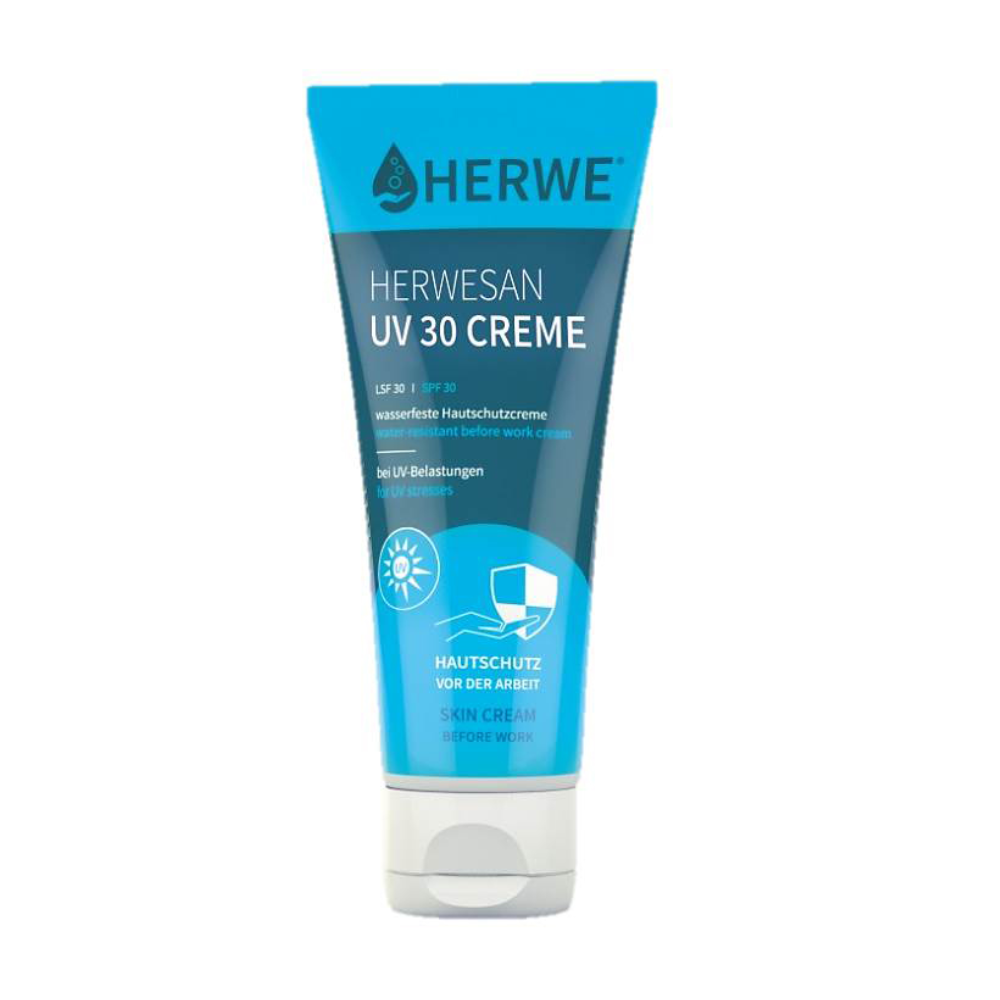 Afgebeeld is een blauw-witte tube met het opschrift „Holthaus“, die „Holthaus Herwesan UV 30 Huidbeschermingszalf, waterbestendig“ (100 ml) bevat. De tube wijst op SPF 30, is waterbestendig en geschikt voor huidbescherming tijdens het werk. De verpakking bevat UV-beschermingssymbolen en beschikt over een breedband-stralenfilter voor optimale veiligheid.