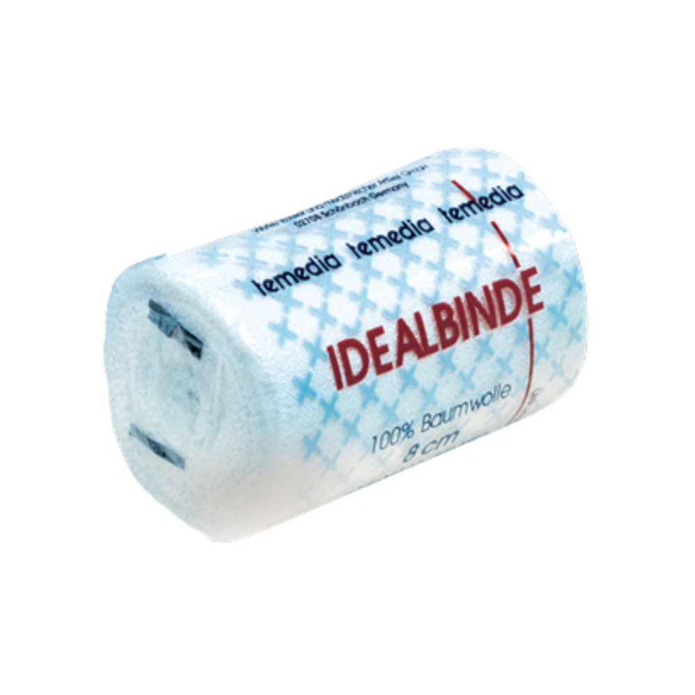 Een gerolde witte gaaszwachtel met het opschrift „Holthaus Temedia® Idealbinde, mit Verbandklammer - 1 Binde“ en rode tekst. De verpakking heeft een blauw kruispatroon en toont „100 % katoen“ en „8 cm“. De merknaam „Holthaus Medical GmbH & Co. KG“ wordt bovenaan in blauw herhaald.