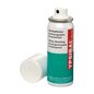 Een spuitbus Holthaus Ypsibal® Spray, pleister in sprayvorm - 50 ml van Holthaus Medical GmbH & Co. KG wordt zonder witte dop getoond en leunt tegen de basis. De tekst op de overwegend witte bus met blauwgroene secties en rode accenten geeft aan dat het een halfdoorlatend, waterdicht, ademend spuitverband voor snij- en schaafwonden is.