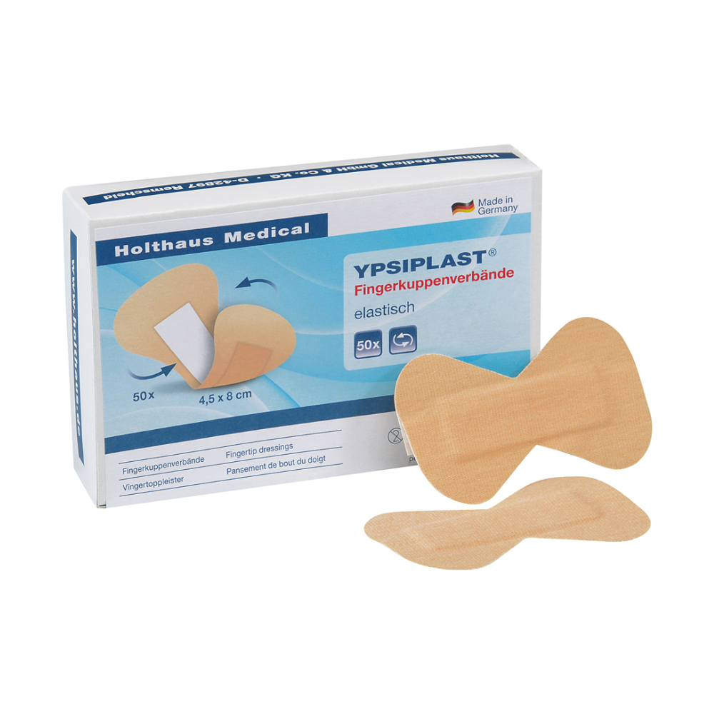 Een verpakking Holthaus Ypsiplast® vingertoppenverband elastische vingertoppenverbanden van Holthaus Medical GmbH & Co. KG met twee op de voorkant afgebeelde verbanden. De verpakking bevat 50 stuks, elk meet 4,5 cm x 8 cm, en draagt de opdruk 'Made in Germany'.