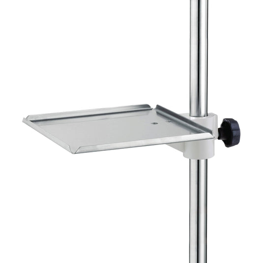De Novocal aflegplaat voor infuusstandaarden van roestvrij staal (315 x 275 mm) met handgreep biedt drie verhoogde randen, verstelbare knop en houder - ideaal voor het veilig plaatsen van medische benodigdheden. Verpakking: 1 stuk.