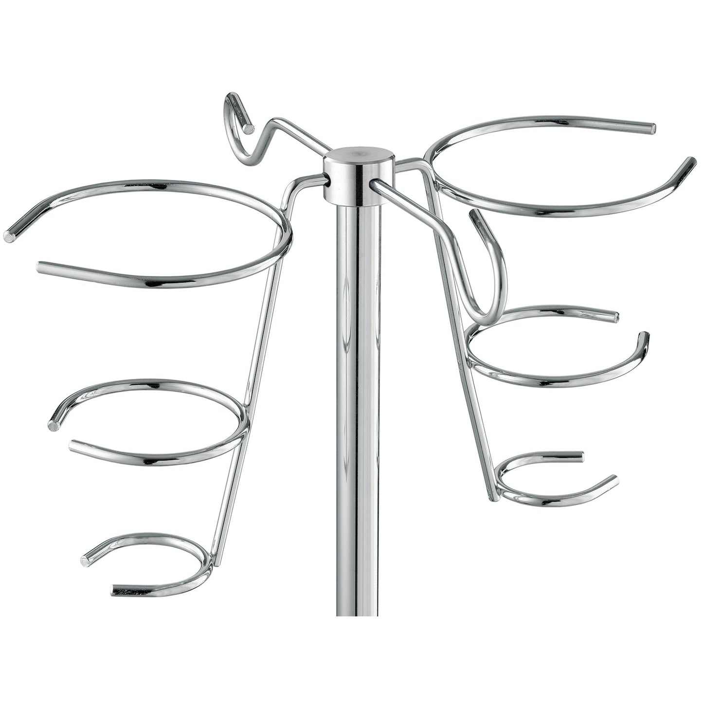 Een close-up van de Novocal infusieflessenhouder voor infusiestandaarden van roestvrij staal (voor ronde buis 18 mm, 2 houders, 1 stuk) met verchroomde draadhouders die uitgaan van een centrale staaf voor flessen of potten.