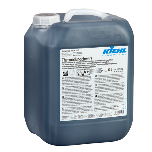 Ein 10-Liter-Kanister Thermodur-schwarz Universal-Dispersion der Johannes Kiehl KG für Asphaltböden, in einem dunklen Kunststoffbehälter mit weißem Deckel und Etikett mit Verwendungs- und Sicherheitshinweisen.