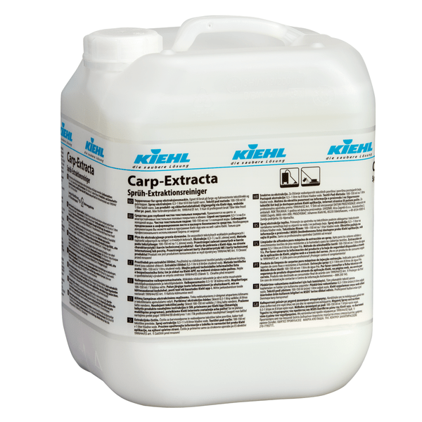 Witte 10-liter kunststof jerrycan van de Kiehl Carp-Extracta sproei-extractiereiniger van Johannes Kiehl KG voor tapijt- en stofferingreiniging met blauw-wit etiket en meertalige handleiding.
