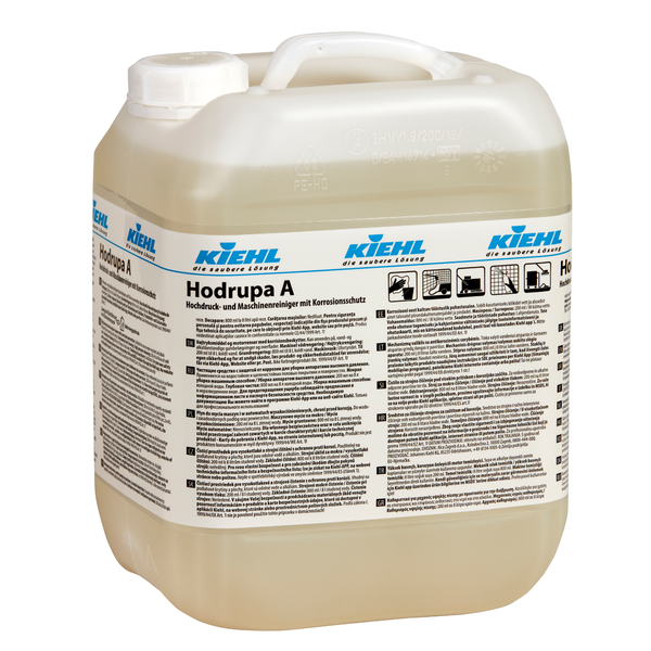 De Kiehl Hodrupa A hogedruk- en machinelreiniger met corrosiebescherming van Johannes Kiehl KG bevindt zich in een doorschijnende kunststof container met witte deksel en is geschikt voor gebruik in hogedrukreinigingsinstallaties. Het meertalige etiket informeert over toepassing en eigenschappen.