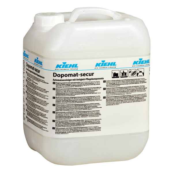 Witte kunststofcontainer met handvat en het opschrift "Kiehl Dopomat-secur Automatenreiniger met antislip-verzorgingscomponent" van Johannes Kiehl KG. Het Duitse etiket bevat gebruiksaanwijzingen en veiligheidsinstructies.
