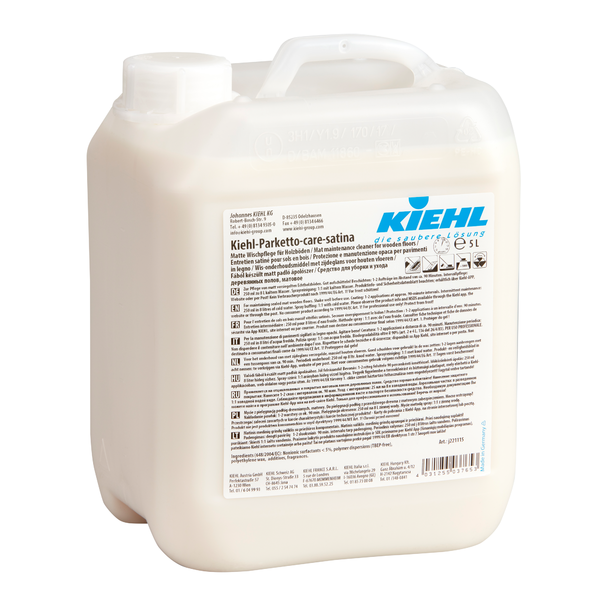 Witte kunststofcontainer met handvat en schroefdop met het opschrift "Kiehl Kiehl-Parketto-care-satina Matte onderhoudsdispersie voor houten vloeren 5 L" van Johannes Kiehl KG, met productinformatie en meertalige handleiding. Verkocht in een doos met 2 flessen.