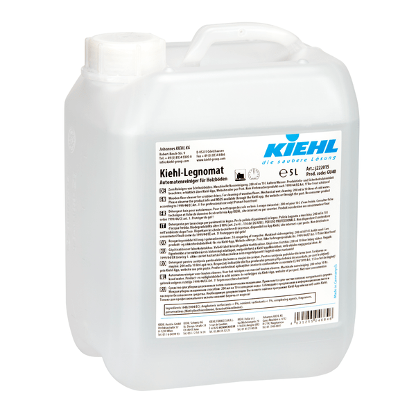 De Kiehl-Legnomat automatische reiniger voor houten vloeren (5 L, 2 flessen) van Johannes Kiehl KG is een transparante kunststofcontainer met witte deksel, meertalig gelabeld en ideaal voor de machinale reiniging van houten vloeren.