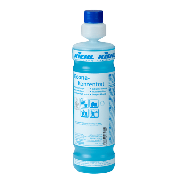 De hoge, transparante kunststoffles met blauwe vloeistof "Kiehl Econa-concentraat Allround-reiniger" van Johannes Kiehl KG met blauwe schroefdop en uitgebreide Nederlandse productinformatie op het vooretiket reinigt effectief oppervlakken.