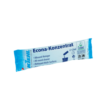 Een blauw-witte 25-ml-verpakking "Kiehl Econa-concentraat Allround-reiniger" van Johannes Kiehl KG met meertalige tekst, reinigingssymbolen en EU-milieukeurmerk.