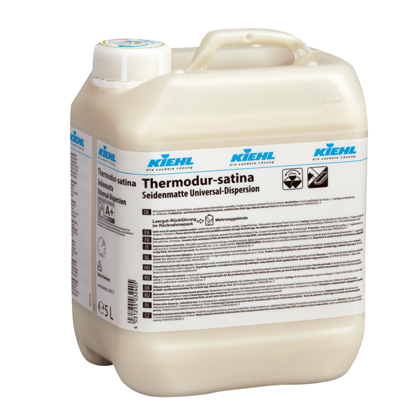 5-liter kunststofcontainer van de Thermodur-satina zijdeglans universele dispersie van Johannes Kiehl KG, met schroefdop en meertalige product- en veiligheidsinformatie op het vooretiket; levering in karton met 2 flessen.