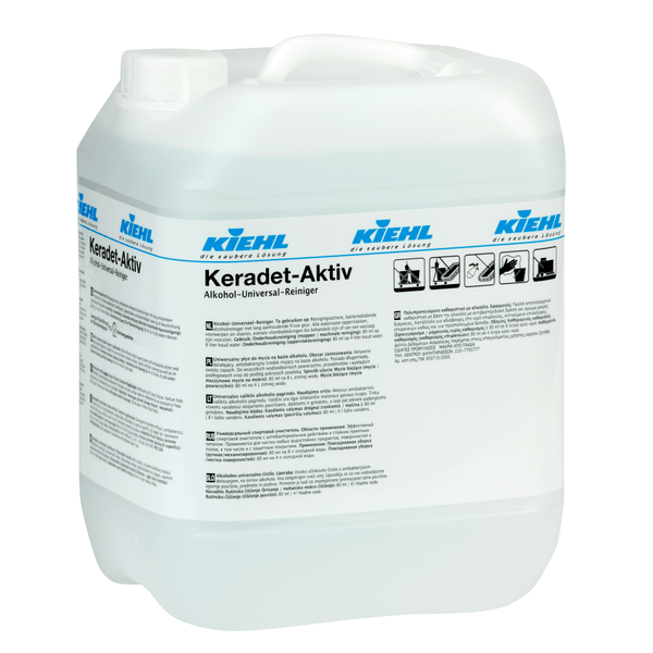 Witte 10-liter kunststofcontainer van Johannes Kiehl KG met het opschrift "Kiehl Keradet-Activ Alcohol-Universele Reiniger", met opdruk van aanwijzingen, veiligheidssymbolen, een handvat en een schroefdop. Geschikt voor alle oppervlakken.