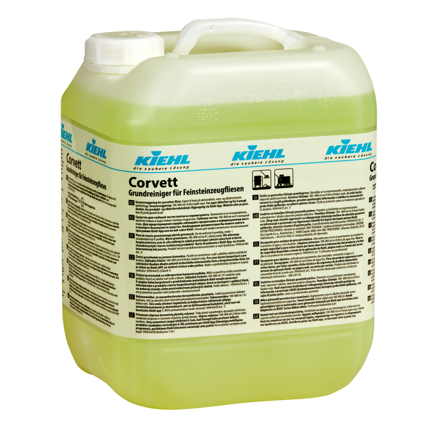 Een doorschijnende gele kunststof container met handvat en schroefdop met het opschrift "Kiehl Corvett Basisreiniger voor fijnsteen tegels" van Johannes Kiehl KG toont meertalige productinformatie voor de effectieve reiniging van fijnsteen tegels.