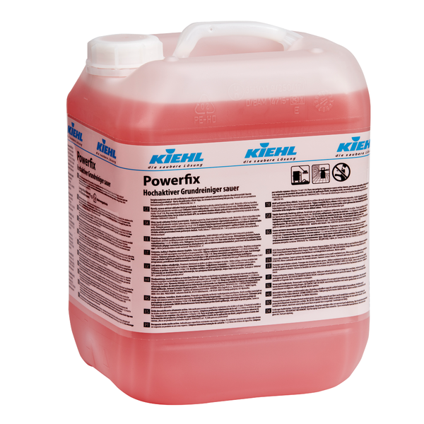 Een grote, doorzichtige kunststofcontainer met handvat, gevuld met rode vloeistof. Etiket: "Kiehl Powerfix Hoogactieve Basisreiniger, zuur" van Johannes Kiehl KG; voor professionele reiniging en ontkalking, met veiligheidssymbolen en toepassingsinstructies.