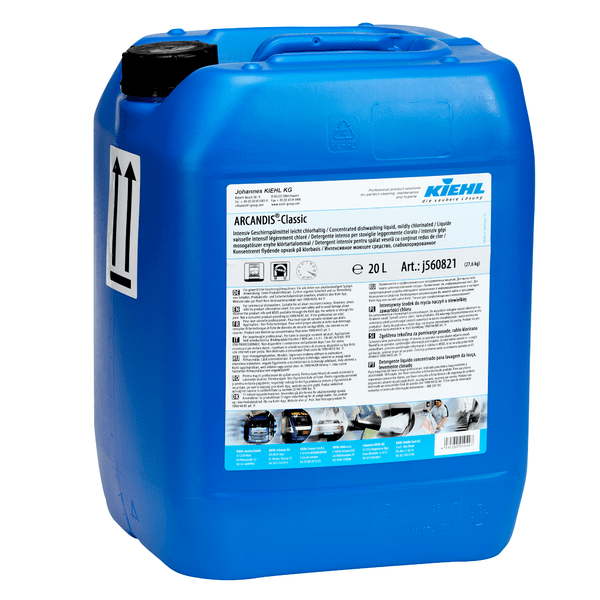 Een grote blauwe 20-liter kunststofcontainer met schroefdeksel bevat Kiehl ARCANDIS-Classic Intensief Vaatwasmiddel, licht chloorhoudend van Johannes Kiehl KG, ideaal voor de professionele vaatwasser. Wit etiket en zwarte pijlen markeren de rechtopstaande positie.