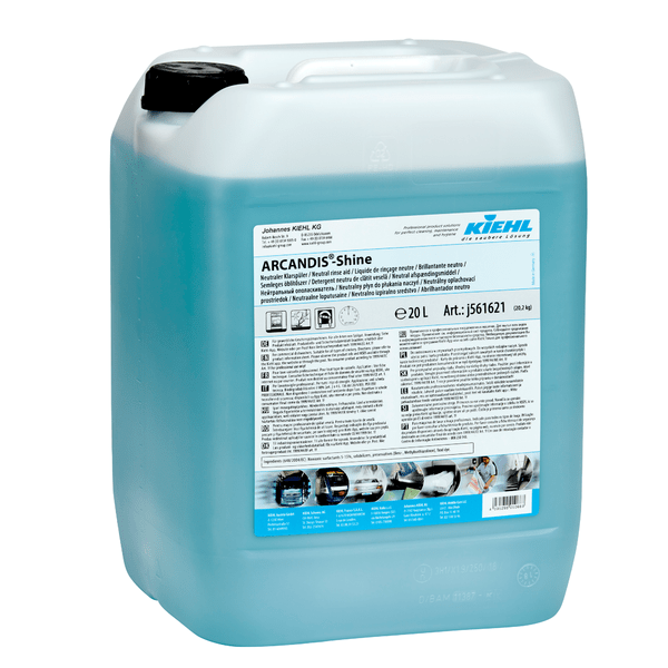 Een 20-liter container van doorzichtig kunststof, gevuld met blauwe vloeistof met het opschrift "Kiehl ARCANDIS-Shine Neutrale Glansspoelmiddel" van Johannes Kiehl KG, met streeploze glans voor vaatwasmachines, productinformatie, gebruiksaanwijzing en onderhoudsafbeeldingen.