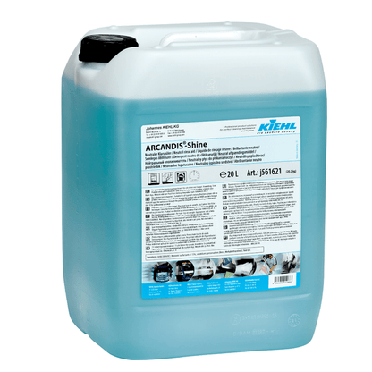 Een 20-liter container van doorzichtig kunststof, gevuld met blauwe vloeistof met het opschrift "Kiehl ARCANDIS-Shine Neutrale Glansspoelmiddel" van Johannes Kiehl KG, met streeploze glans voor vaatwasmachines, productinformatie, gebruiksaanwijzing en onderhoudsafbeeldingen.