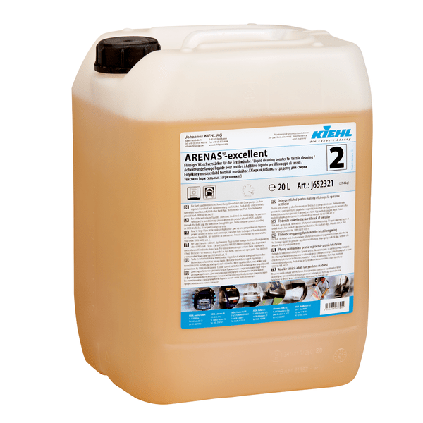 Een grote, doorzichtige kunststofcontainer met zwarte dop bevat een lichtoranje vloeistof met het opschrift "Kiehl ARENAS-excellent vloeibare wasversterker" van Johannes Kiehl KG, die in meerdere talen bekend staat als effectieve vlekverwijdering.