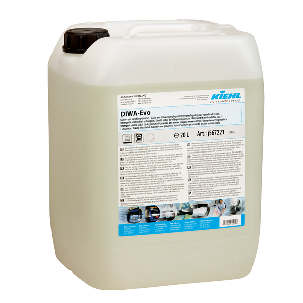 Een 20-liter container van doorzichtig kunststof met een zwarte schroefdop, geëtiketteerd met "Kiehl DIWA-Evo glas- en vaatwasmiddel" van Johannes Kiehl KG. Het blauw-wit-zwarte etiket bevat instructies en gevarensymbolen.