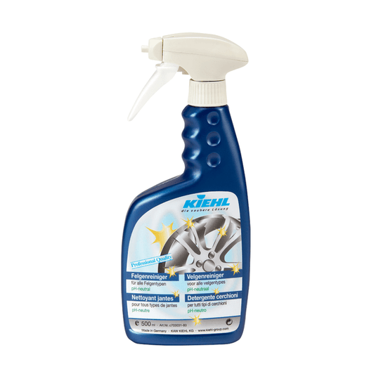 Blauwe spuitfles van 500 ml met Kiehl velgenreiniger (pH-neutraal) van Johannes Kiehl KG, voorzien van een witte spuitkop en een afbeelding van een autovelg op het etiket, voor een effectieve en milde reiniging van velgen. Verkrijgbaar in een doos (6 flessen).