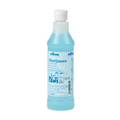 Een 500 ml fles Johannes Kiehl KG Kiehl GlasQueen glas- en oppervlaktereiniger met witte dop en blauwe vloeistof; op het etiket staan productinformatie, gebruiksinstructies en blauwe symbolen die de streeploze reiniging van verschillende oppervlakken tonen.