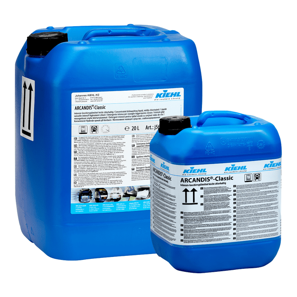 Twee blauwe kunststofcontainers - een grote en een kleine - van het ARCANDIS-Classic Intensief Vaatwasmiddel van Johannes Kiehl KG, licht chloorhoudend; beide met zwart deksel en gedetailleerde witte etiketten. Perfect voor professionele vaatwasinstallaties.