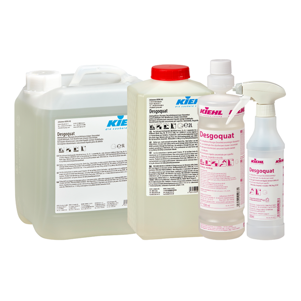 Vier containers met Kiehl Desgoquat Aldehydevrij vloeibaar desinfectiereiniger-concentraat van Johannes Kiehl KG in verschillende maten, waaronder grote kannen, een fles met rode dop en een spuitfles - allemaal met duidelijk zichtbare etiketten.
