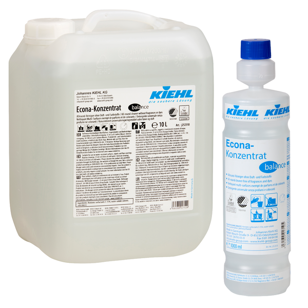 Abgebildet sind zwei Gebinde des Kiehl Econa-Konzentrat balance Allround-Reiniger ohne Duft- und Farbstoffe der Johannes Kiehl KG: links ein 10-Liter-Kanister und rechts eine 1-Liter-Flasche, beide mit Produktinformation.