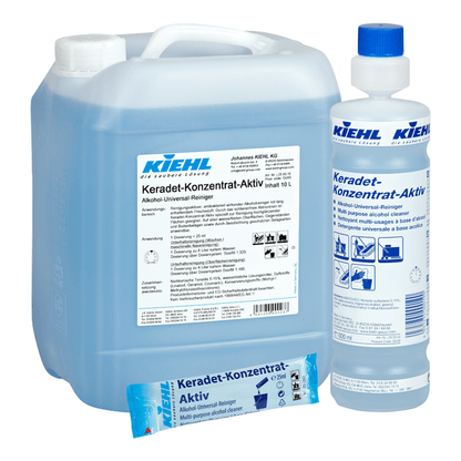 Twee verpakkingen (een 10-liter kan en een kleinere fles) en een blauwe wegwerpzak Kiehl Keradet-Activ Alcohol-Universele Reiniger van Johannes Kiehl KG, met Duits etiket en geschikt voor alle oppervlakken.
