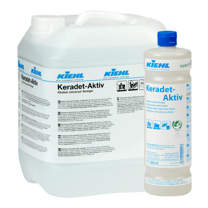 Twee verpakkingen Kiehl Keradet-Activ Alcohol-Universele Reiniger van Johannes Kiehl KG: een 10L-kan en een 1L-fles, beide met blauw/zwarte tekst op witte etiketten. Ideaal voor het reinigen van alle oppervlakken.