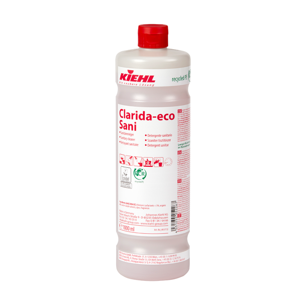 De witte kunststof fles "Kiehl Clarida-eco Sani Sanitairreiniger" van Johannes Kiehl KG heeft een inhoud van 1.000 ml, is voorzien van rode tekst en pictogrammen en draagt recycling- en veiligheidsinformatie op het etiket.