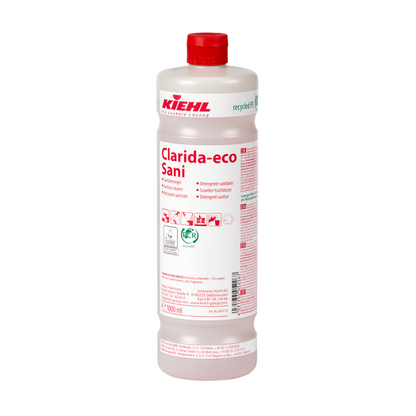 De witte kunststof fles "Kiehl Clarida-eco Sani Sanitairreiniger" van Johannes Kiehl KG heeft een inhoud van 1.000 ml, is voorzien van rode tekst en pictogrammen en draagt recycling- en veiligheidsinformatie op het etiket.