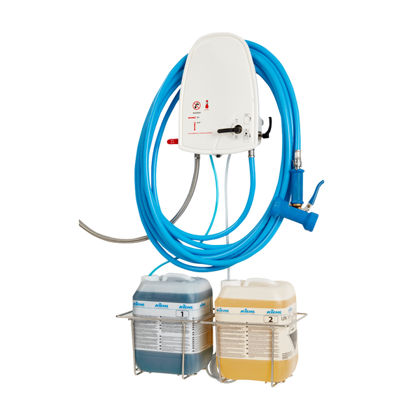 De Johannes Kiehl KG Kiehl-slang met verbindingsstuk is ontworpen voor ARCANTEC-apparaten en maakt een veilige wandchemische afgifte mogelijk met compatibele sproeiers en reinigingsmiddelcontainers in metalen houders.