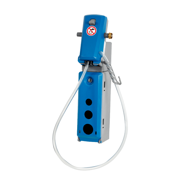 De Johannes Kiehl KG Kiehl DosiStation 1P-16 L Multidosing voor wandmontage en emmer-/machinemontage is voorzien van een spiraalslang, ronde openingen en een rookverbodsteken - perfect voor de dosering van reinigingsmiddelen in de professionele sector.