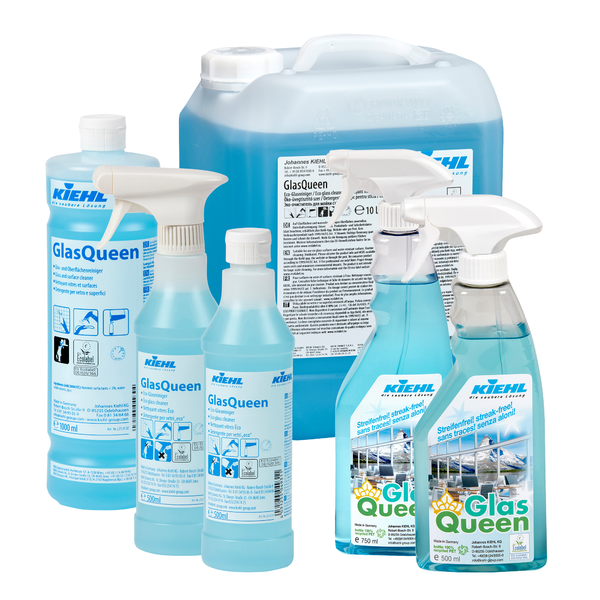 Een assortiment van Kiehl GlasQueen glas- en oppervlaktereinigers van Johannes Kiehl KG, waaronder spuitflessen, een 1-liter fles en een 10-liter jerrycan met blauwe vloeistof voor streeploze glas- en oppervlaktereiniging.