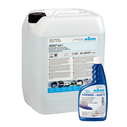 Ein weißer 20-Liter-Kunststoffbehälter und eine blaue 1-Liter-Flasche Kiehl ARENAS-exet 3 Rost-Fleckenentferner der Johannes Kiehl KG, beide mit Produktetiketten und Anweisungen.