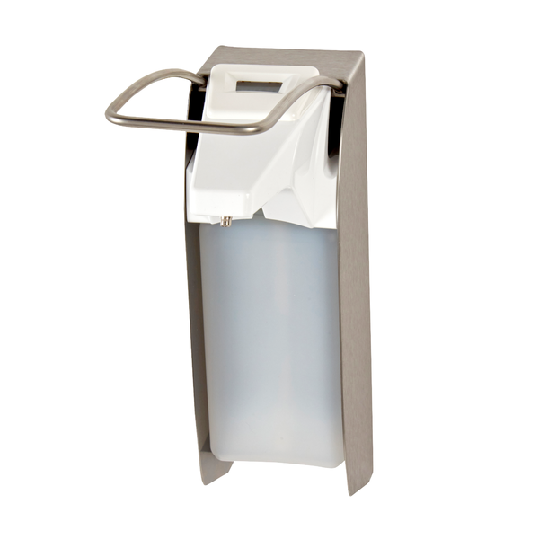 Der Kiehl Ophardt ingo-man plus IMP ELS E/24 500ml Seifen- und Desinfektionsmittelspender aus Edelstahl mit langem Bedienhebel und digitalem Hubzähler von Johannes Kiehl KG ist vor schlicht weißem Hintergrund abgebildet.