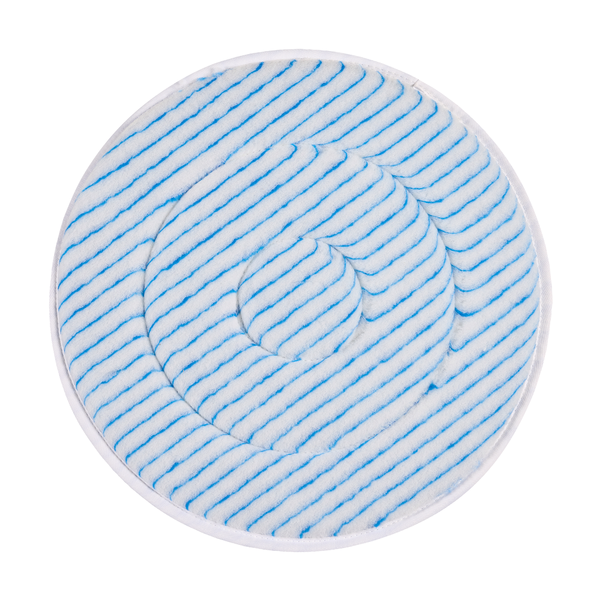 Het Kiehl Microvezelpad 17 inch (43,2 cm) van Johannes Kiehl KG is een rond, wit pad met blauwe spiralen en fijne borstelharen - optimaal als reinigingstoebehoren voor effectieve oppervlaktereiniging. Verkrijgbaar in een verpakking van 5 stuks.