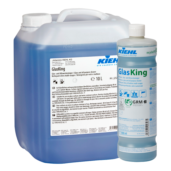 Een blauwe, doorschijnende 10-liter container en een 1-liter fles Kiehl GlasKing raam-, glas- en allesreiniger van Johannes Kiehl KG, beide met witte etiketten met tekst en logo's.