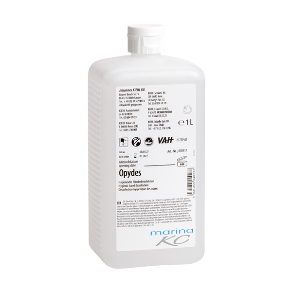 Witte 1-liter kunststof fles met flipcap en wit etiket met zwarte en blauwe letters, productinformatie, symbolen en het merk "Johannes Kiehl KG". Het product "Kiehl Opydes Hygiënische Handdesinfectie" zorgt voor een effectieve kiemreductie.